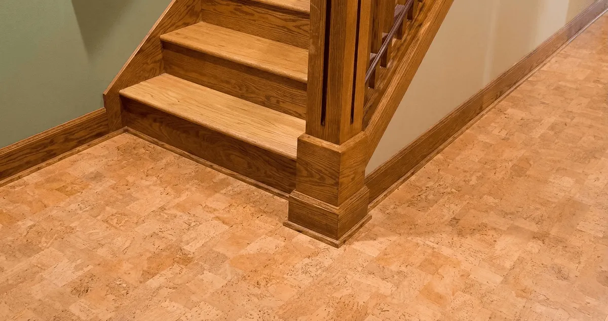 End of a staircase with cork flooring in Santa Ana, CA